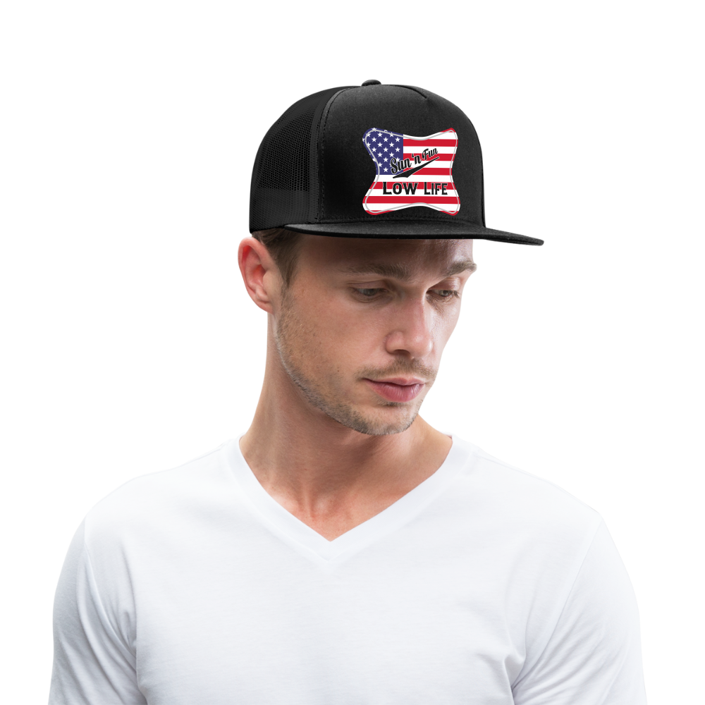 Sun 'N Fun in American Flag Trucker Cap - black/black