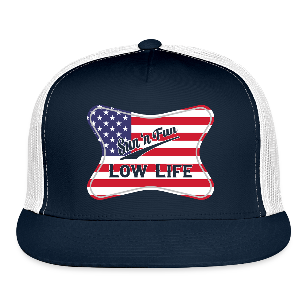 Sun 'N Fun in American Flag Trucker Cap - navy/white