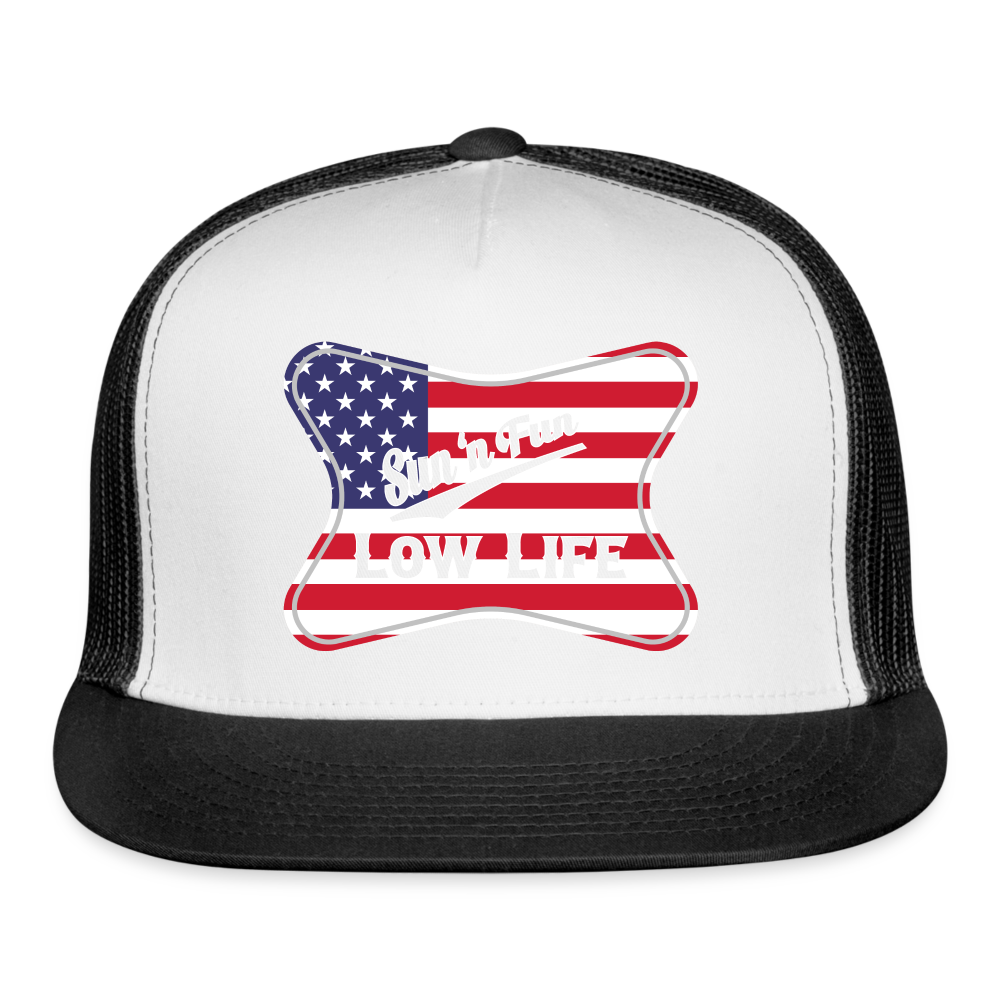 Sun 'N Fun in American Flag Trucker Cap - white/black